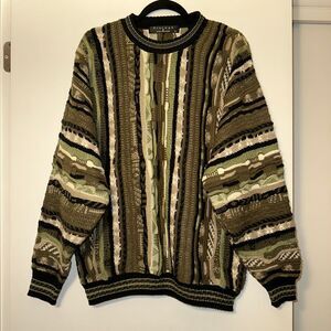 Protege Collection Vintage Mens Abstract Textured Sweater Green Beige Black EUC